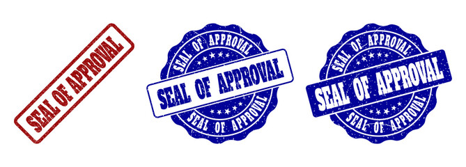 SEAL OF APPROVAL grunge stamp seals in red and blue colors. Vector SEAL OF APPROVAL signs with grunge effect. Graphic elements are rounded rectangles, rosettes, circles and text labels.