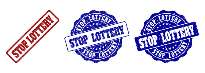STOP LOTTERY grunge stamp seals in red and blue colors. Vector STOP LOTTERY watermarks with grunge effect. Graphic elements are rounded rectangles, rosettes, circles and text titles.