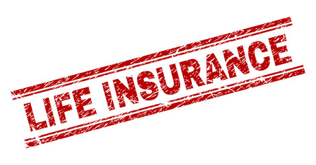 LIFE INSURANCE seal print with corroded texture. Red vector rubber print of LIFE INSURANCE caption with scratched texture. Text caption is placed between double parallel lines.