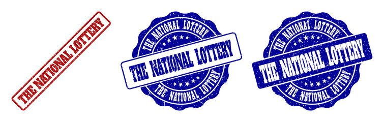 THE NATIONAL LOTTERY grunge stamp seals in red and blue colors. Vector THE NATIONAL LOTTERY marks with grunge surface. Graphic elements are rounded rectangles, rosettes, circles and text tags.