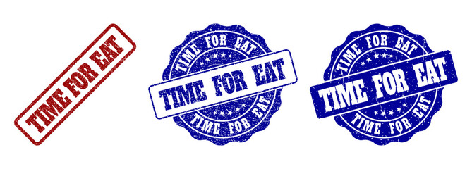 TIME FOR EAT scratched stamp seals in red and blue colors. Vector TIME FOR EAT overlays with distress surface. Graphic elements are rounded rectangles, rosettes, circles and text titles.