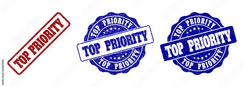 Poster top priority scratched stamp seals in red and blue colors. vector top priority labels with draft sur
