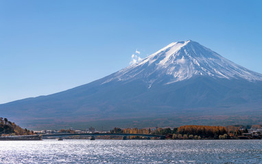 Fuji mountain and lake Kawaguchiko in autumn season, Japan.