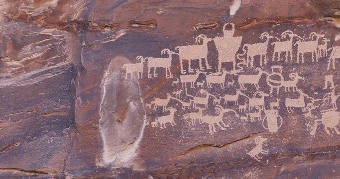 Ancient Native American Indian rock art Great Hunt. Nine Mile Canyon, Utah. World&rsquo;s longest art gallery of ancient native American, Indian rock art, hieroglyphs, pictographs and petroglyphs. 