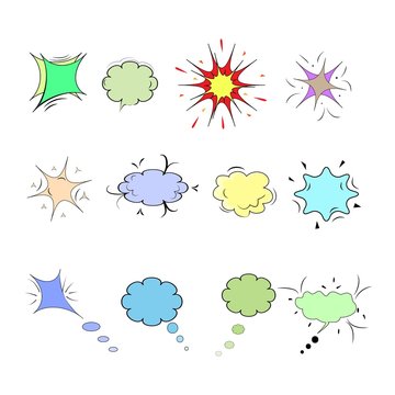 Comics for sound speech effect bubbles isolated on white background illustration. Colorful silhouette frame for inscriptions. Humorous bubbles comic set for cloud speech. Vector illustration