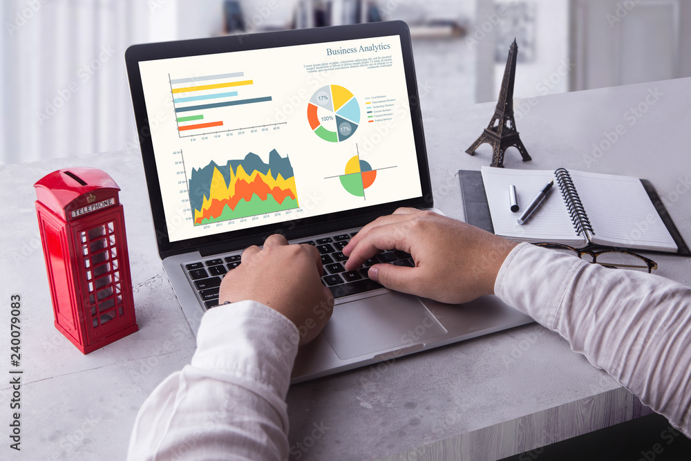 Poster businessman using laptop analyzing statistics data on laptop screen, working with graphs charts onli