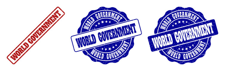 WORLD GOVERNMENT grunge stamp seals in red and blue colors. Vector WORLD GOVERNMENT watermarks with grunge surface. Graphic elements are rounded rectangles, rosettes, circles and text titles.