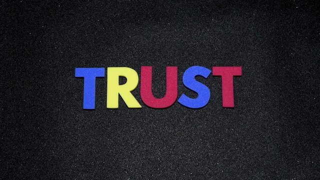 Trust, concept word, colorful alphabets moving on black background