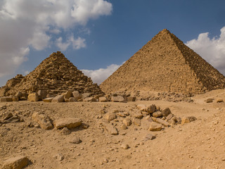 Menkaure Pyramid next to the Pyramid of the Queens in Giza, Egypt