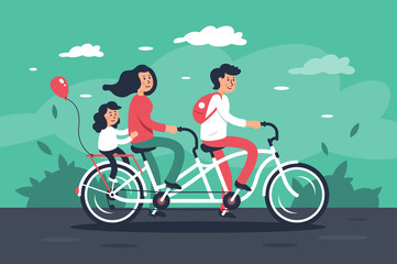 Family with young woman, man with bags, child girl riding a bike.