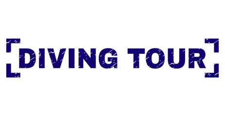 DIVING TOUR caption seal stamp with grunge texture. Text caption is placed inside corners. Blue vector rubber print of DIVING TOUR with dirty texture.