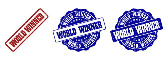 WORLD WINNER grunge stamp seals in red and blue colors. Vector WORLD WINNER imprints with grunge surface. Graphic elements are rounded rectangles, rosettes, circles and text labels.