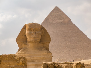 Classic view of the Sphinx with the Pyramid of Khafre behind