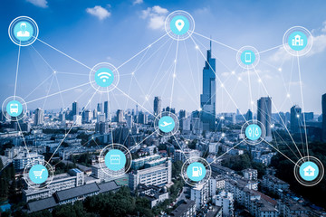 5G network wireless systems and internet of things with modern city skyline