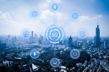 5G network wireless systems and internet of things with modern city skyline