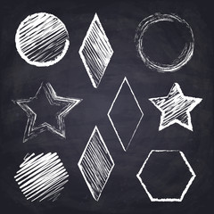 Rhombus, hexagon, star, round. Geometric figures on chalkboard background. Chalk drawn illustration. 