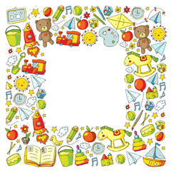 Fototapeta premium Kindergarten Vector pattern with toys and items for education.