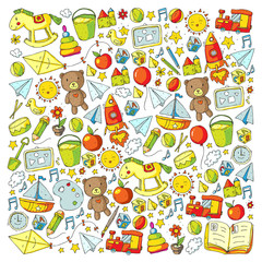 Fototapeta na wymiar Kindergarten Vector pattern with toys and items for education.