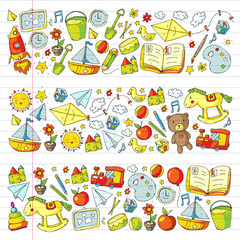Fototapeta premium Kindergarten Vector pattern with toys and items for education.