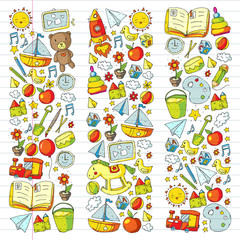 Kindergarten Vector pattern with toys and items for education.