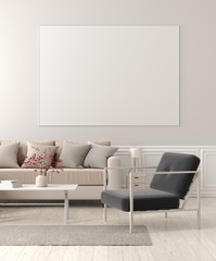 Mock up poster frame in Scandinavian style living room interior. 3D illustration.
