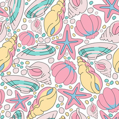 Seamless pattern of seashells and starfishes