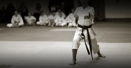 Obraz premium Children's training on karate-do. Banner with space for text. For web pages or advertising printing. Photo without faces, from the back.