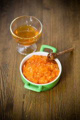 Boiled sweet pumpkin porridge with rice in a plate