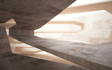 Abstract interior of  brown concrete and wood. Architectural background. 3D illustration and rendering 