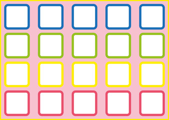 twenty rounded squares with a white background inside, in four rows and five columns, on a pink background