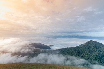 Beautiful sky, cloud, mist and mountain at Doi Mon Jong, Chiang Mai, Thailand