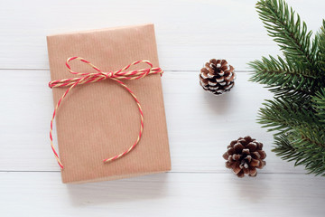 Brown vintage gift box and ornament on white wood background, Christmas, new year, valentine's day and anniversary greeting card