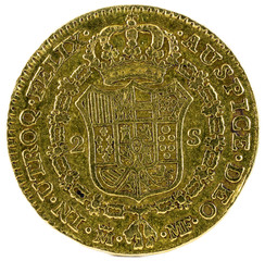 Ancient Spanish gold coin of King Carlos IV. With a value of 2 escudos and minted in Madrid. 1794. Reverse.