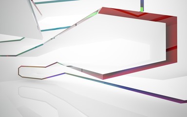 abstract architectural interior with white sculpture and geometric gradient glass box. 3D illustration and rendering