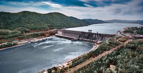 Aerial view of Hydroelectric power station in Krasnoyarsk. Top view from air.