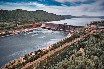 Aerial view of Hydroelectric power station in Krasnoyarsk. Top view from air.