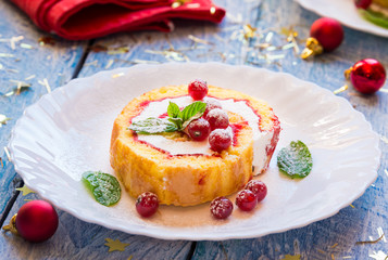Cake with red berries on festive background