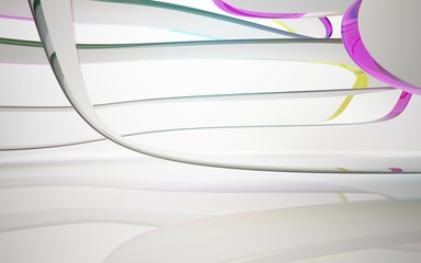 White smooth abstract architectural background whith colored gradient lines . 3D illustration and rendering