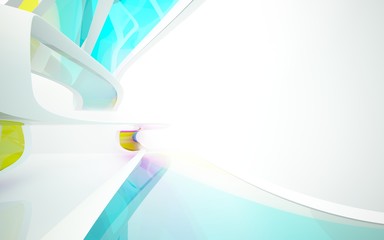 abstract architectural interior with colored smooth glass sculpture. 3D illustration and rendering