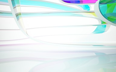 abstract architectural interior with colored smooth glass sculpture. 3D illustration and rendering