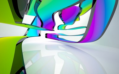 abstract architectural interior with colored smooth sculpture. 3D illustration and rendering