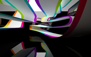 Abstract dynamic interior with colored gradient smooth objects and black room . 3D illustration and rendering