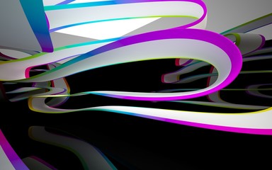 Abstract dynamic interior with colored gradient smooth objects and black room . 3D illustration and rendering