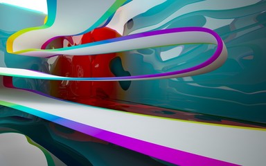 Abstract dynamic interior with white smooth objects and gradient colored wave room . 3D illustration and rendering