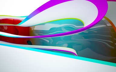 Abstract dynamic interior with white smooth objects and gradient colored wave room . 3D illustration and rendering