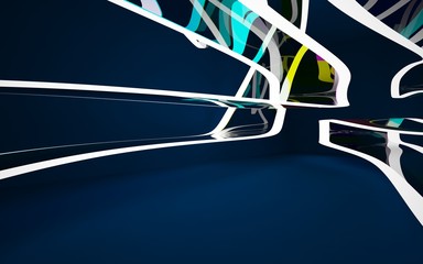 Abstract interior of the future in a minimalist style with gradient colored  sculpture. Night view . Architectural background. 3D illustration and rendering