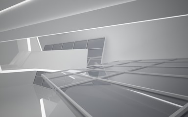 Abstract white interior of the future. Night view from the backlight. Architectural background. 3D illustration and rendering 