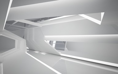 Abstract white interior of the future. Night view from the backlight. Architectural background. 3D illustration and rendering 