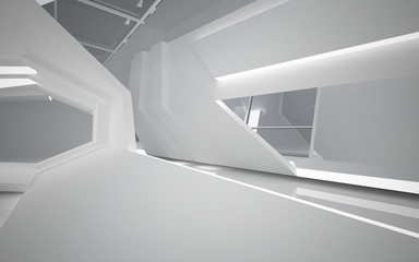Abstract white interior of the future. Night view from the backlight. Architectural background. 3D illustration and rendering 