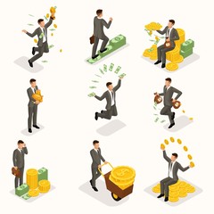 Fototapeta na wymiar Trendy isometric people, 3d businessman, concept with young businessman, money, success, gold, wealth, joy, work, movement, startup isolated